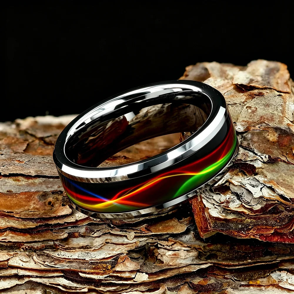 Fashion Men Stainless Steel Rings, 8mm Cyberpunk Rainbow Aurora Grain Inlay Rings for Men High Polished Wedding Bands Jewelry