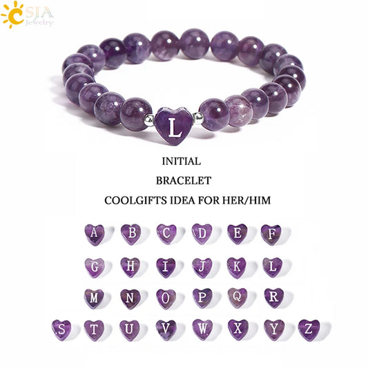 26 Letter A-Z Initial Heart Shape Crystal Bracelets Real Natural Stone Beads Amethysts Obsidian Sodalite Bracelet for Lover H283