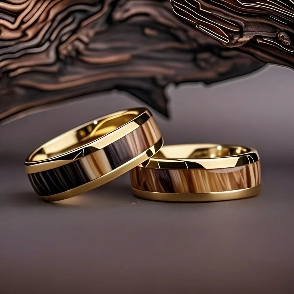 Fashion 8mm Men Gold Color Stainless Steel Rings Inlay Brown Wood Rings For Men Women Wedding Engagement Band Jewelry Gift