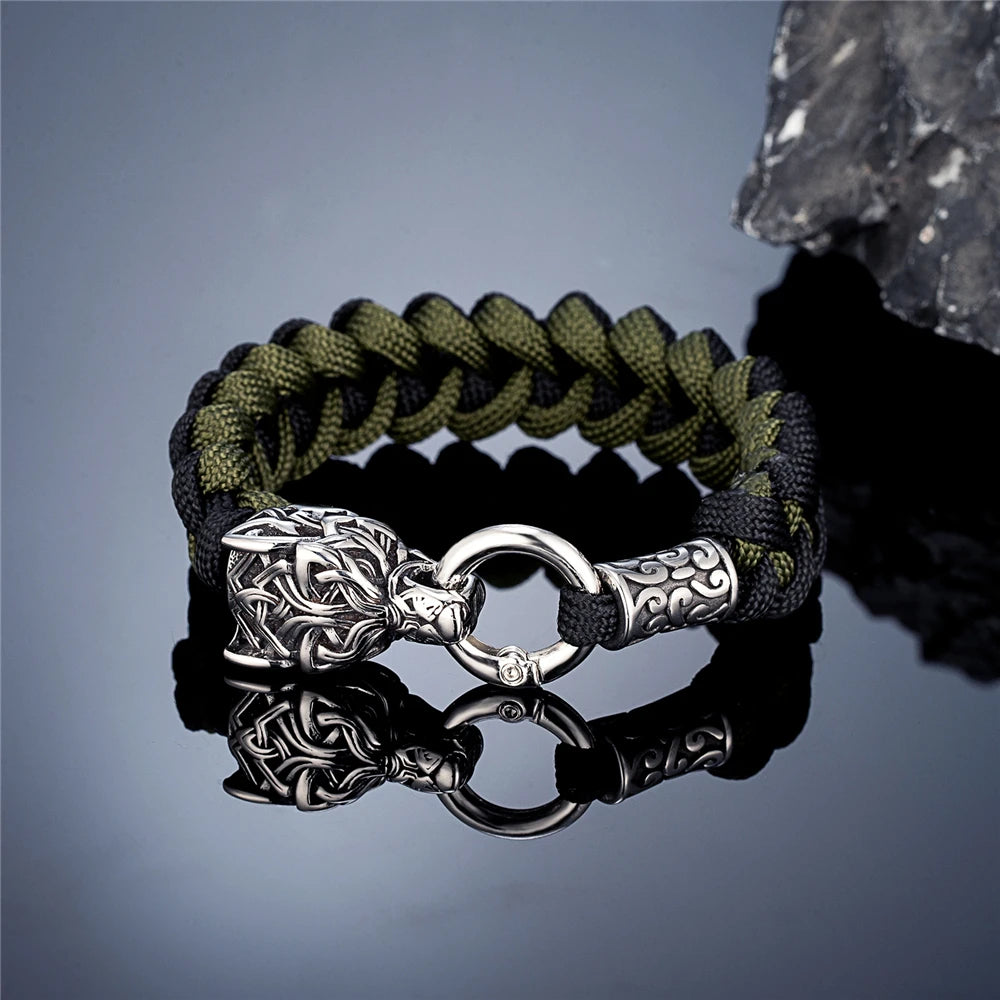 Vintage Norse Runes Celtic Wolf Survival Rope Bracelets Men Handmade Outdoor Stainless Steel Lanyard Wristband Vikings Jewelry Steel Green Black