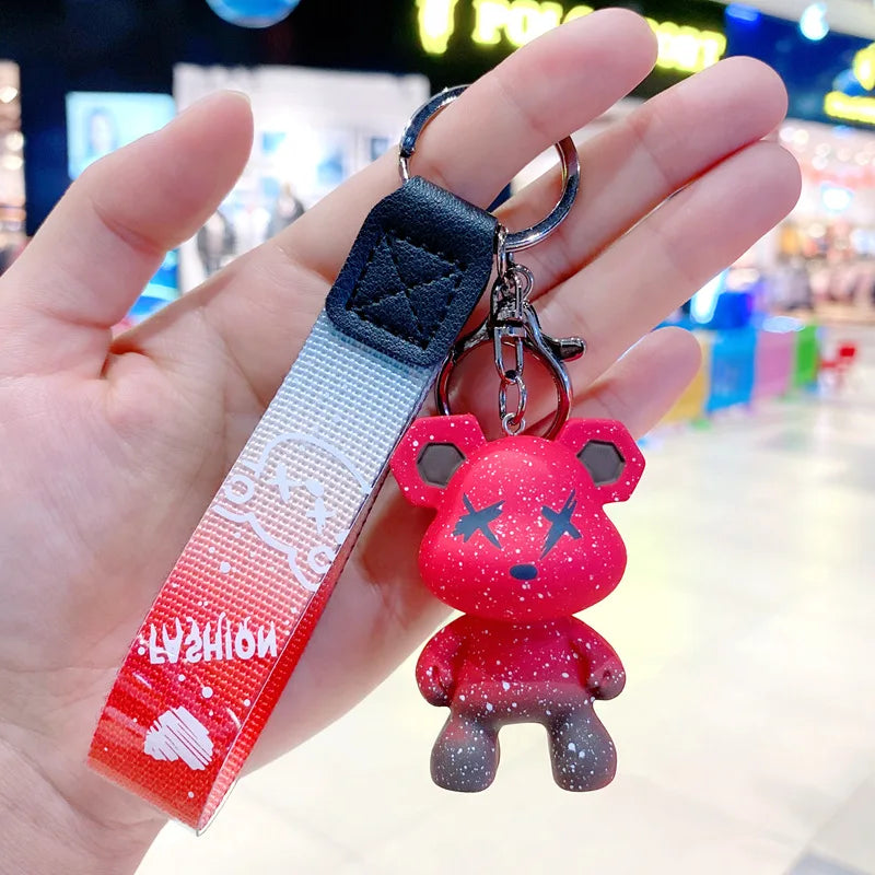 Cartoon Bear Key Chain Chameleon Resin Keychain Webbing Tape Fashion Doll Bag Pendant Holiday Car Key Ring For Girl Jewelry Gift Red CN