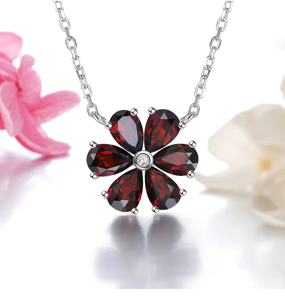 Natural Red Garnet Solid Sterling Silver Necklace 2.68 Carats Genuine Birthstone Romantic Flower Design S925 Fine Jewelry Gifts