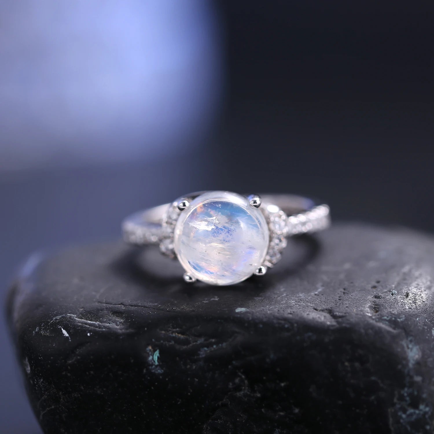 GEM'S BALLET 9mm Round Natural Milky Blue Moonstone Gemstone Ring in 925 Sterling Silver Birthstone Dainty Ring Gift For Her