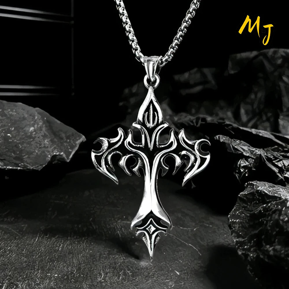 Vintage Men's Gothic Flame Cross Pendant Necklace Alloy Motorcycle Club Gothic  DragonEnwined Skull Cross Halloween Jewelry Gift
