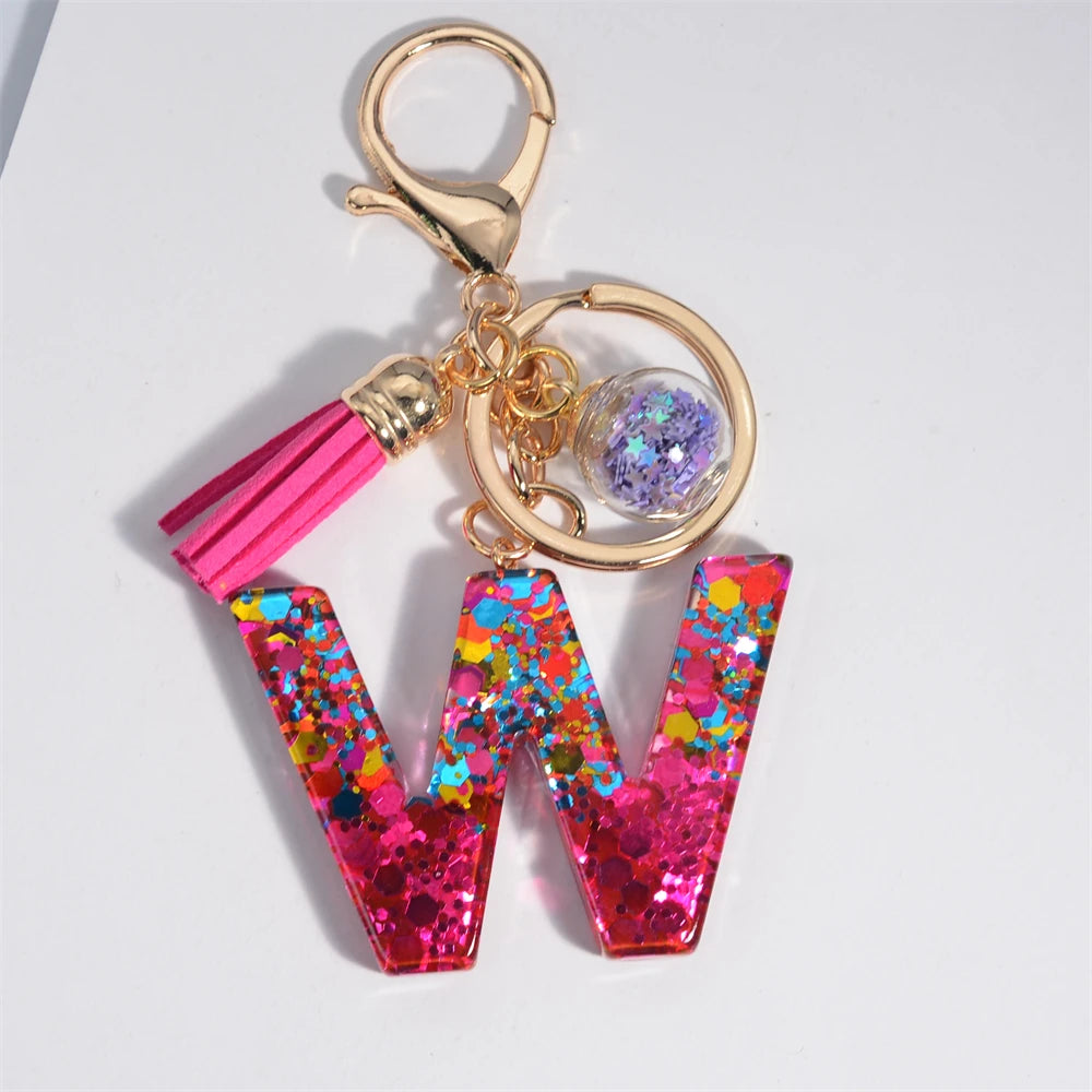 Colorful Letter Keychain Pendant Glitter Sequin Resin Key Chain Tassel Charms With Ball Keyring Jewelry For Women Bag Ornaments W