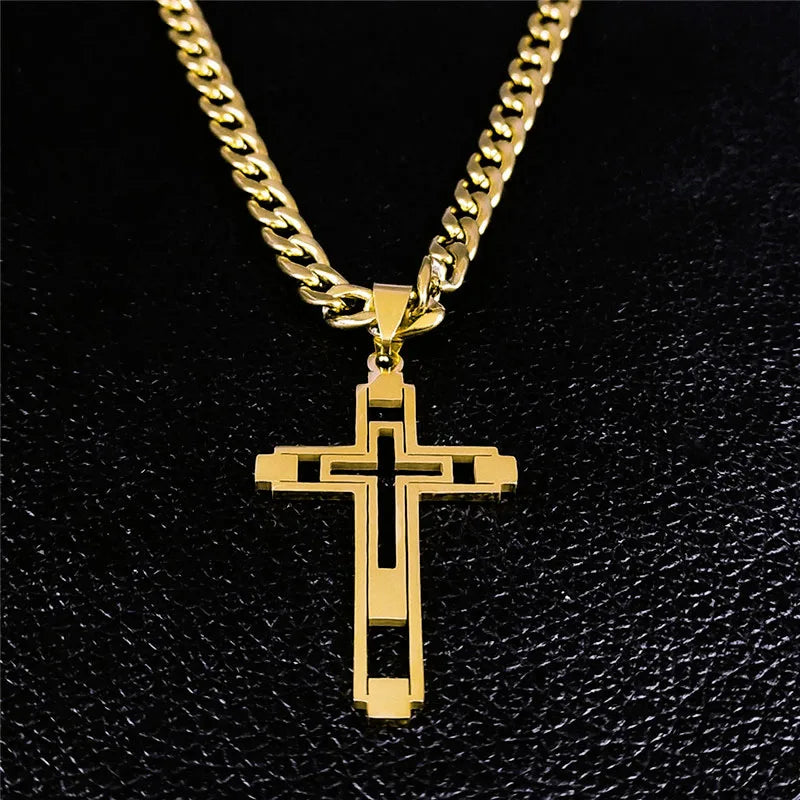 2026 Hip Hop Cross Stainless Steel Chain Necklaces Gold Color Long Pendant Necklace for Women/Men Jewelry Collier Homme N6055S05