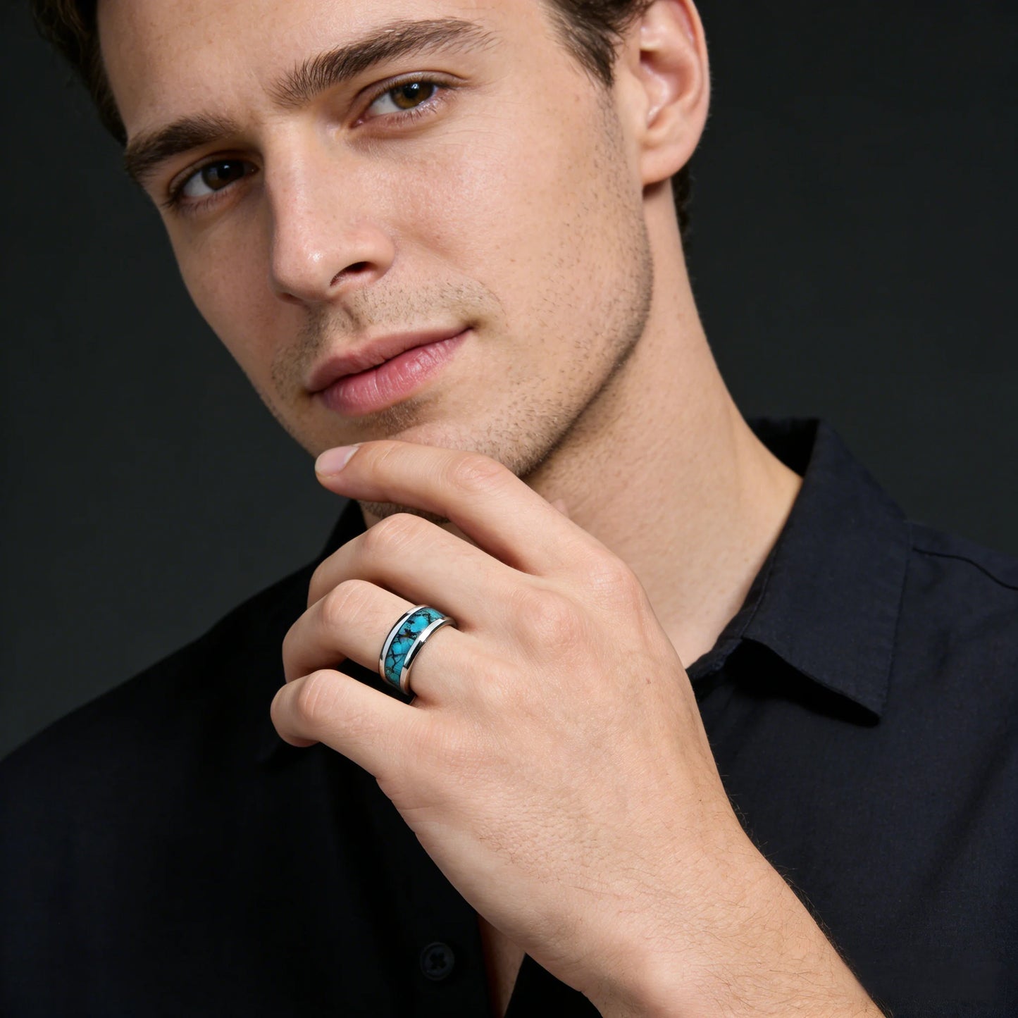8mm Blue Turquoise Inlay Stainless Steel Ring for Men Vintage Wedding Band Engagement Jewelry Wedding Jewelry Drop Shipping