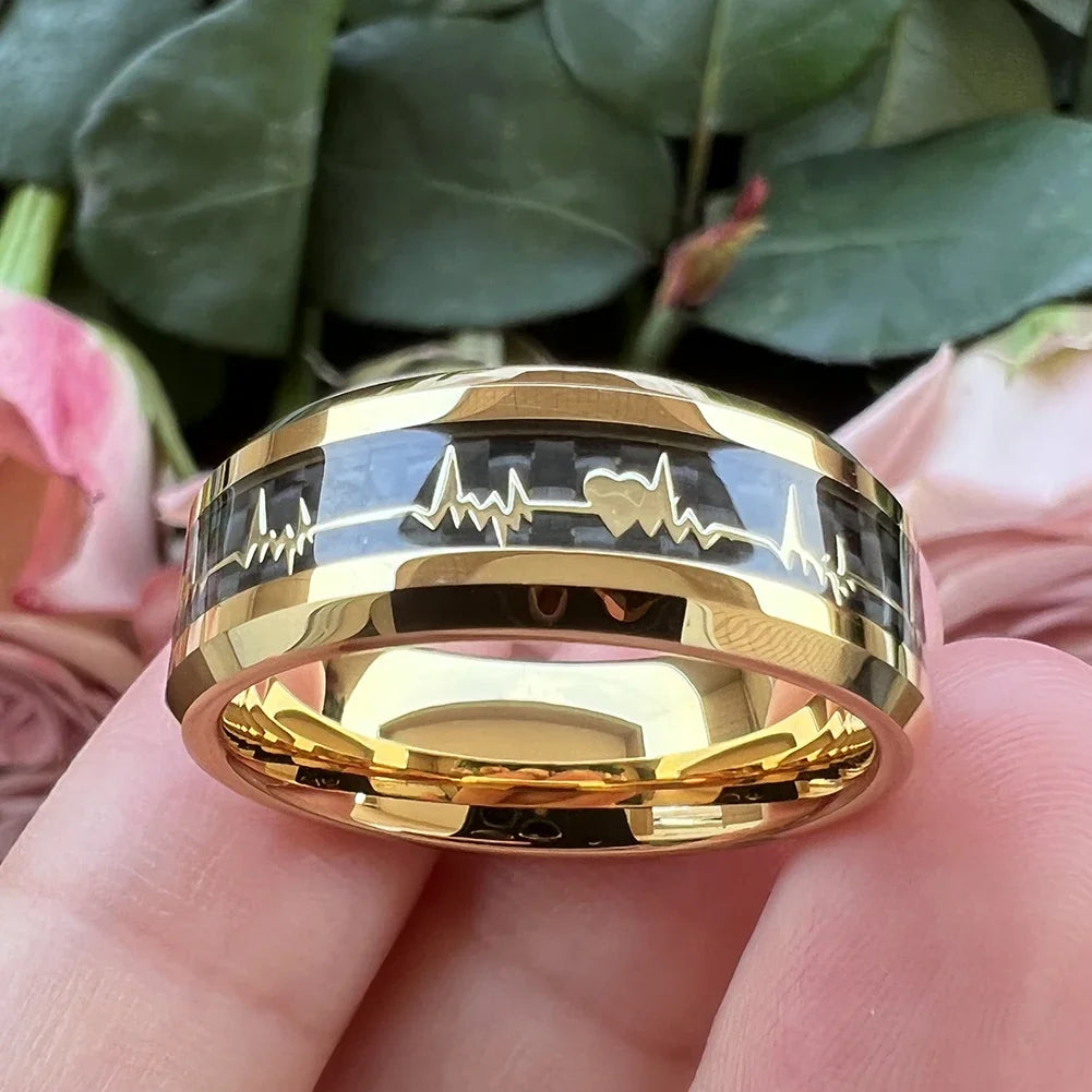 Fashion 8mm SilverBlue Carbon Fiber Heart Inlay Tungsten Carbide Engagement Rings Wedding Bands Domed Polished Shiny Comfort Fit