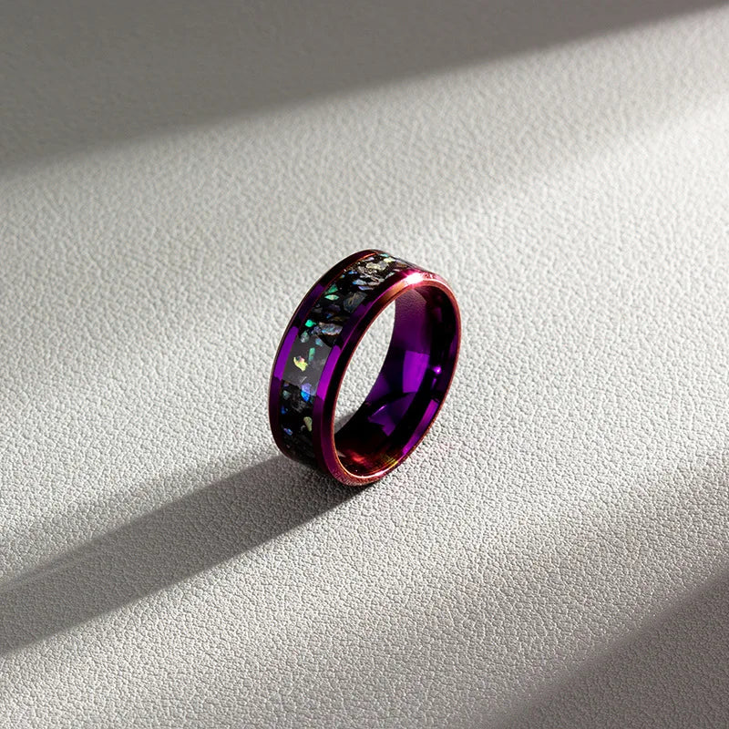 Fashion 8mm Purple Stainless Steel Rings For Men Women Inlay Colorful Abalone Shell Rings Men Wedding Band Jewelry Drop Shipping