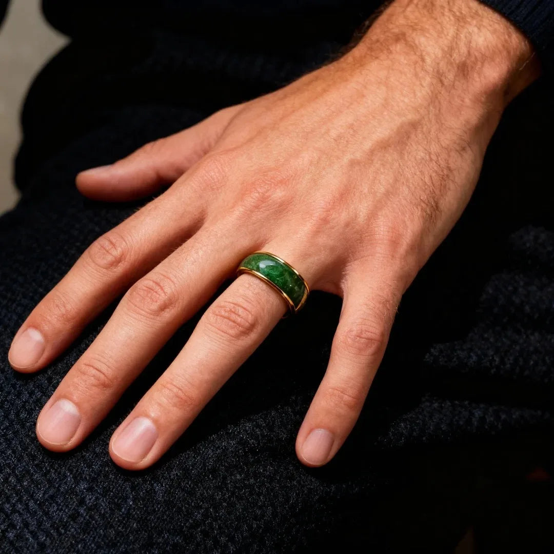 Fashion 8mm Men Stainless Steel Rings, Gold Color Brushed Green Koa Wood Inlay Rings for Men, Wedding Jewelry Christams Gift