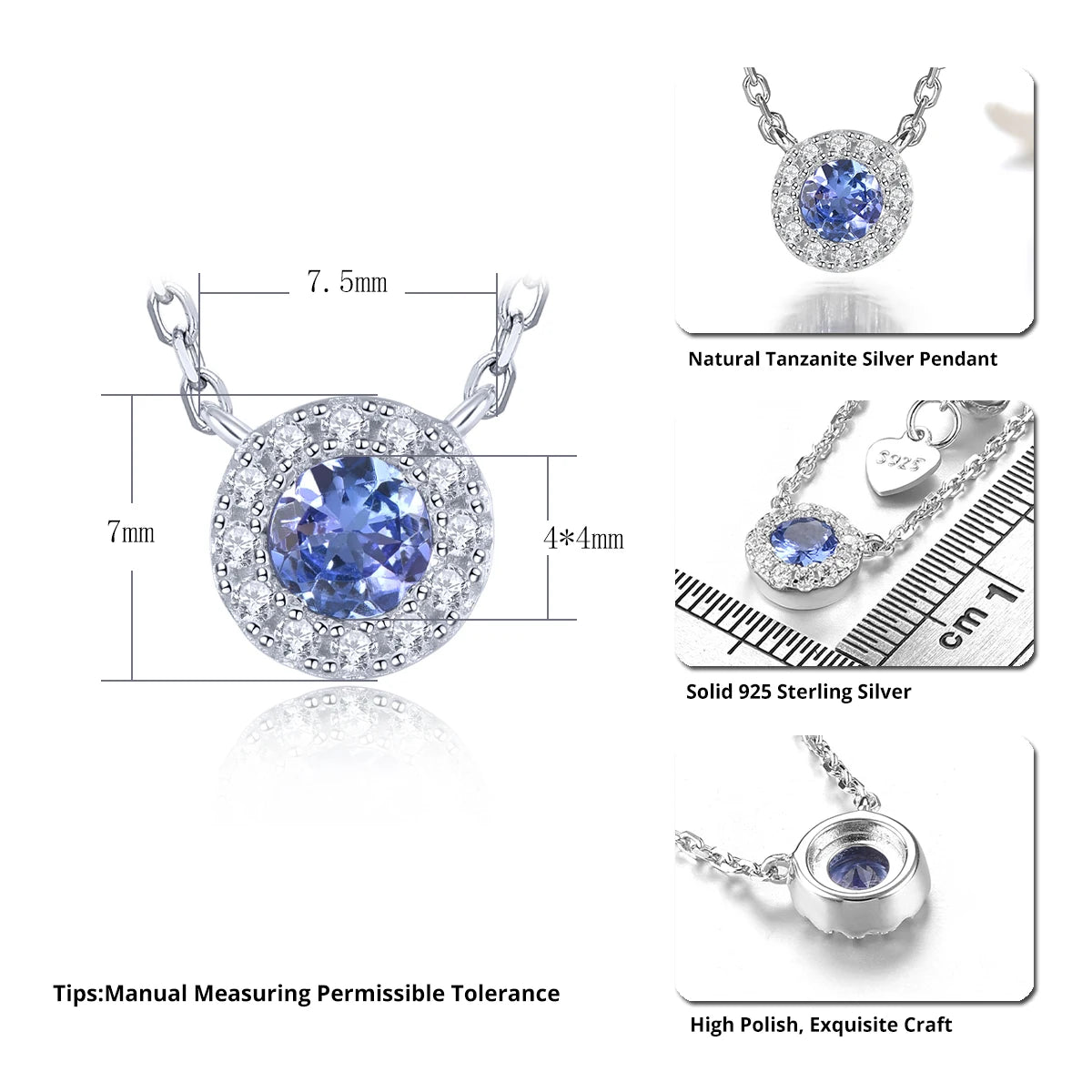 Natural Tanzanite Solid Sterling Silver Necklace Pendant 0.27 Carats Classic Round Shape Women Gifts Daily Decorations S925