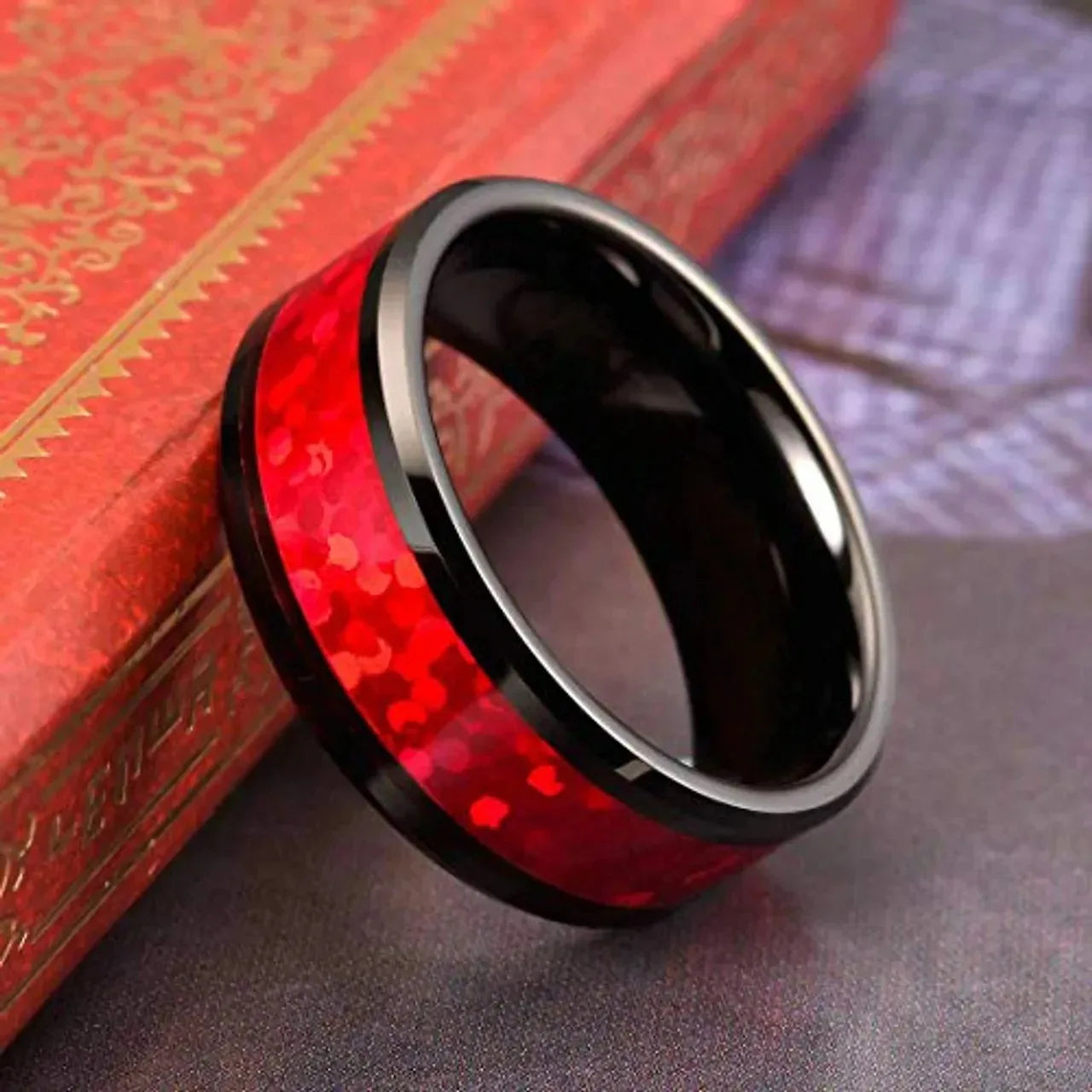 Fashion 8mm Men Black Stainless Steel Rings Inlay Red Opal Rings For Men Women Wedding Band Jewelry Gift Wholesale