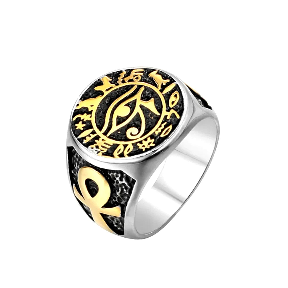 Egyptian Vintage Men Eye Of Horus Ring Fashion Stainless Steel Ankh Cross Ring Punk Biker Amulet Jewelry Gift Gold