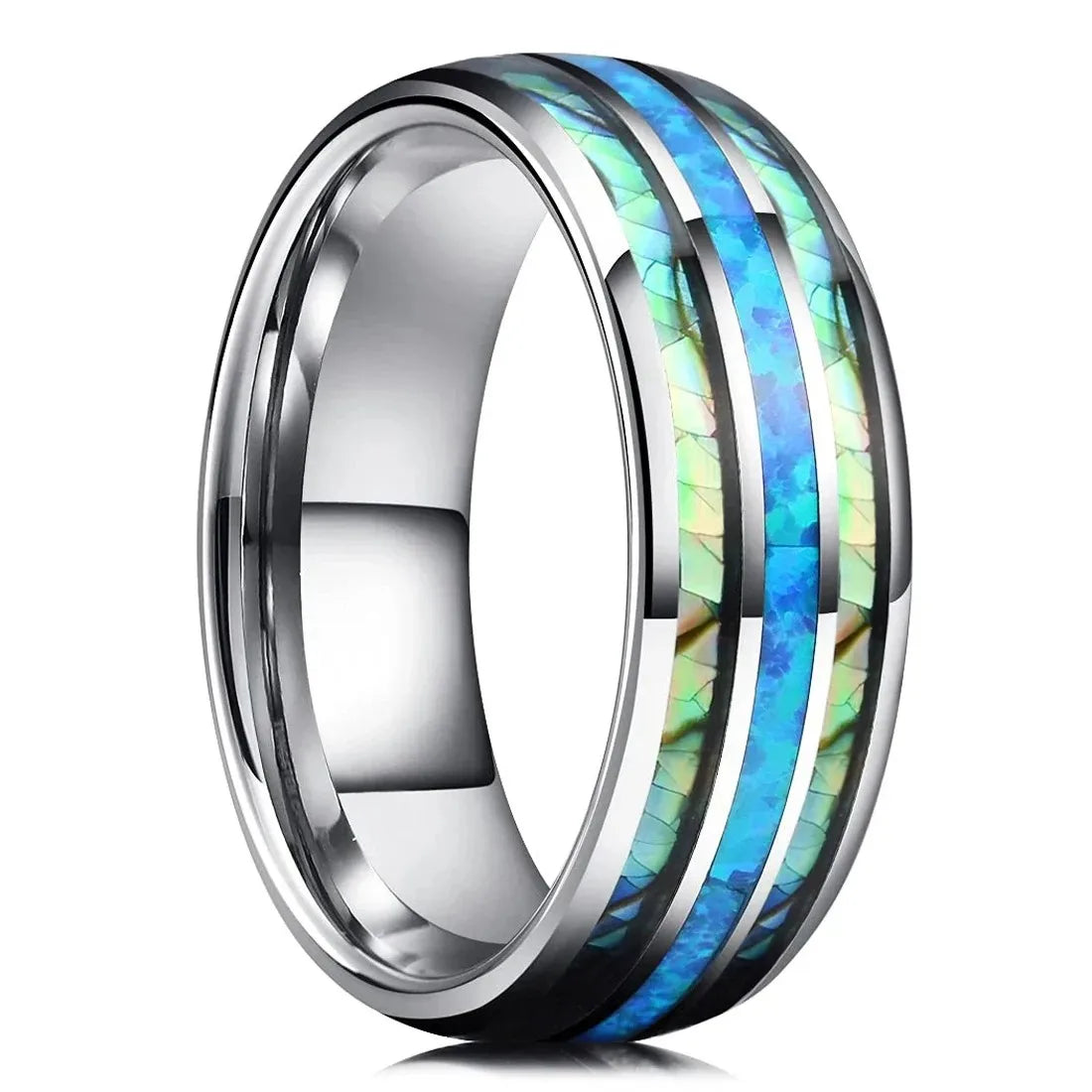 Fashion Men Silver Color Stainless Steel Rings, Inlay Blue Opal and Abalone Shell Rings For Men Women, Wedding Band Jewelry Gift