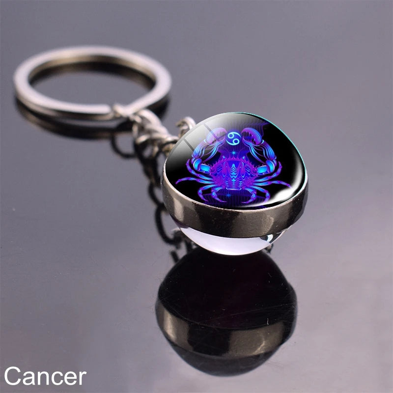 12 Zodiac Sign Keychain Sphere Ball Crystal Key Rings Scorpio Leo Aries Constellation Birthday Gift for Women and Mens Cancer 3