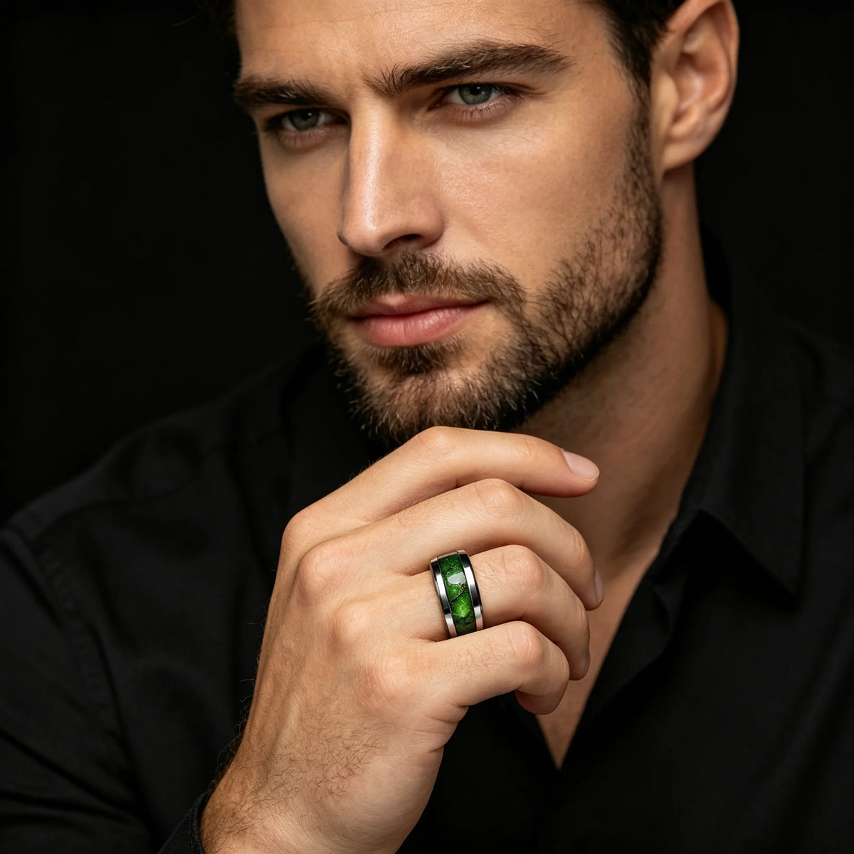 Fashion Men's Stainless Steel Rings Artificial Green Agate Stone Inlay Jewelry Suitable for Daily Wear, Gift for Him Non-Fade