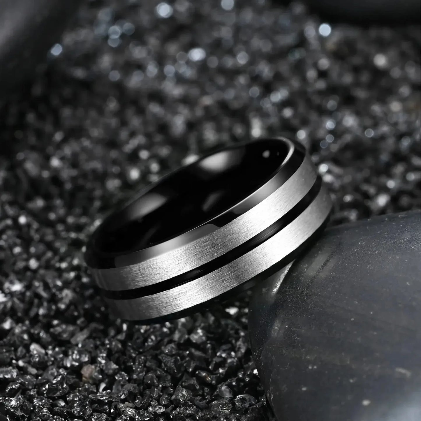 Fashion 8mm Black Stainless Steel Rings For Men Women Silver Color Brushed Beveled Edge Men Promise Rings Wedding Bands Jewelry