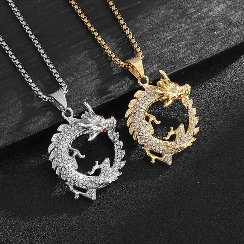 Fashion Charm Stainless Steel Dragon Necklace - Vacuum gold plating with diamond inlay Pendant Jewelry Gift Oriental Amulet Gift