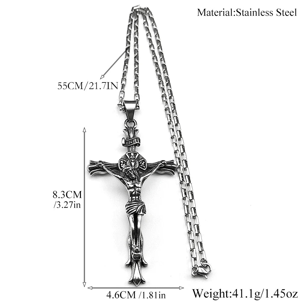 Christ Jesus Crucifix INRI Cross Big Pendant Necklace for Men Stainless Silver Color Hip Hop Chain Necklaces Amulet Jewelry