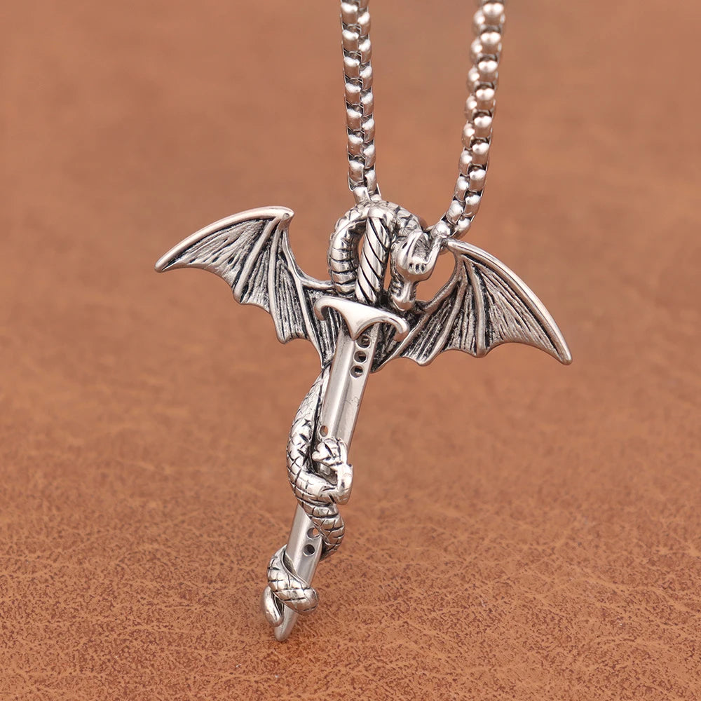 Vintage Stainless Steel Men's Dragon Necklace Fashion Steel Dragon Sword Chinese Pendant for Women Biker Jewelry Gift