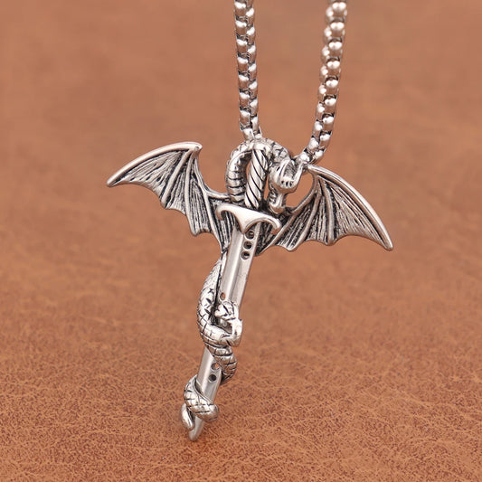 Vintage Stainless Steel Men's Dragon Necklace Fashion Steel Dragon Sword Chinese Pendant for Women Biker Jewelry Gift