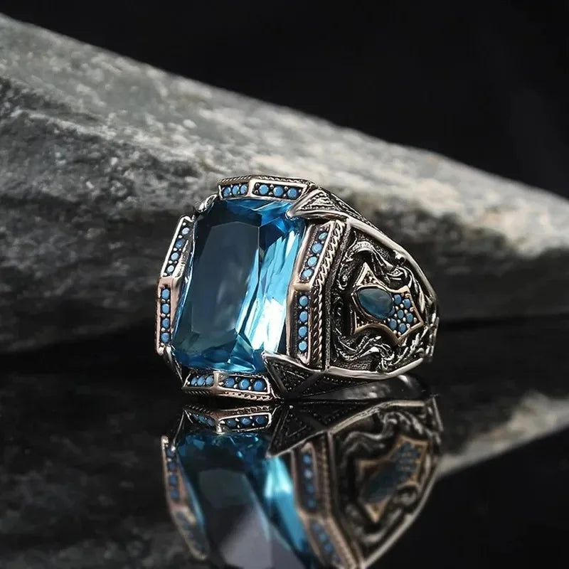 Retro Turkish Handmade Men Rings Vintage Carved Pattern Red/Blue/Rainbow Zircon Rings Rock Punk Islamic Muslim Wedding Jewelry