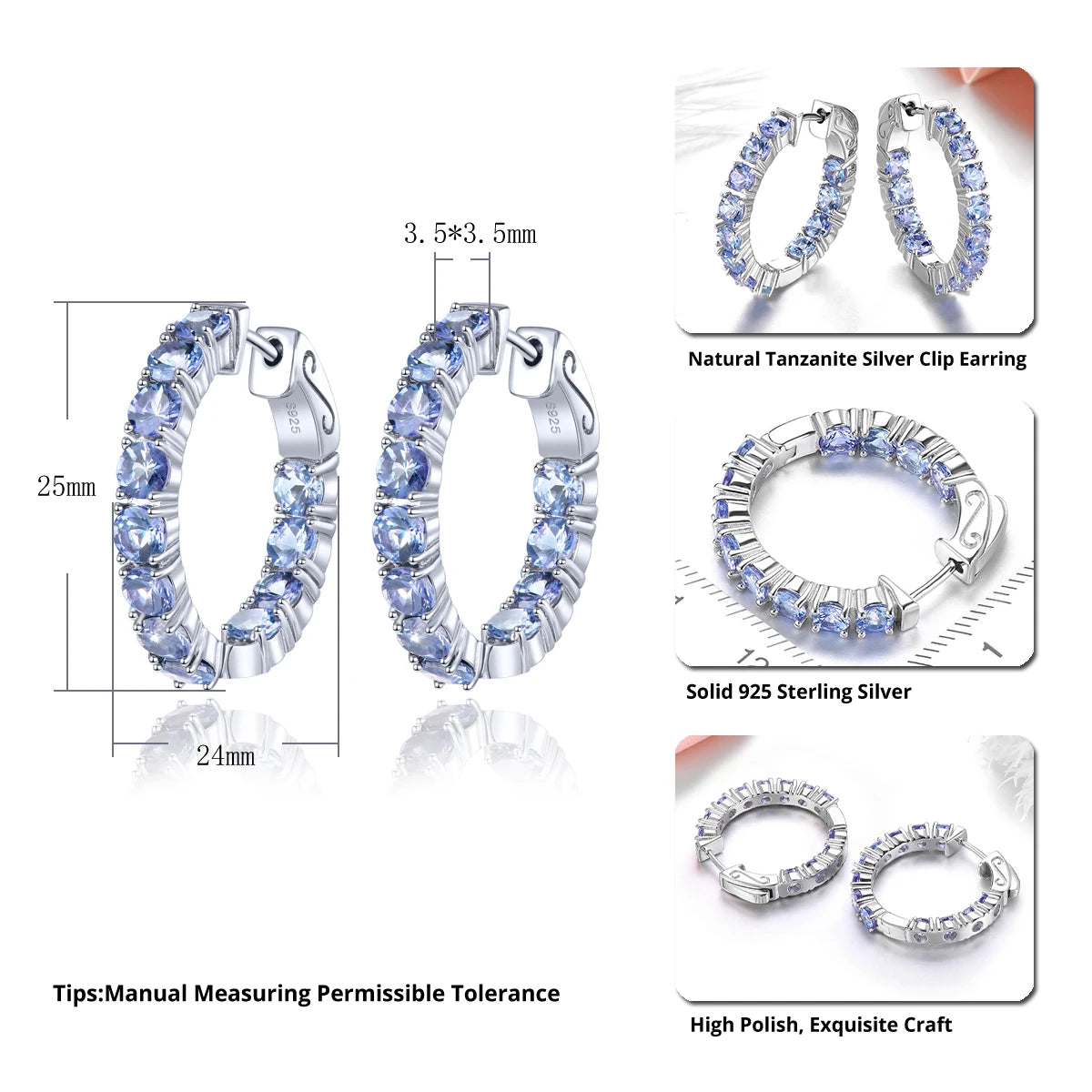 Natural Genuine Tanzanite Sterling Silver Clip Earring 4.3 Carats Romantic Color Women Classic Elegant Fine Jewelry S925 Gifts