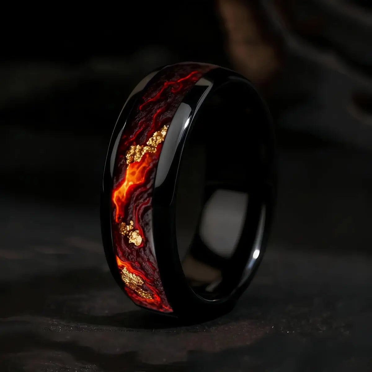 Fashion Black Men Stainless Steel Ring with Volcanic Lava and Golden Foil Pattern Inlay Rings for Men Wedding Jewelry Drop Ship