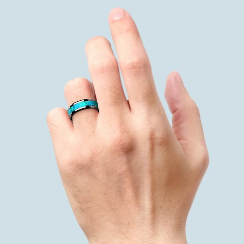 Fashion 8mm Men Silver Color Stainless Steel Rings Inlay Imitation Blue Opal Promise Rings For Men Women Wedding Band Jewelry