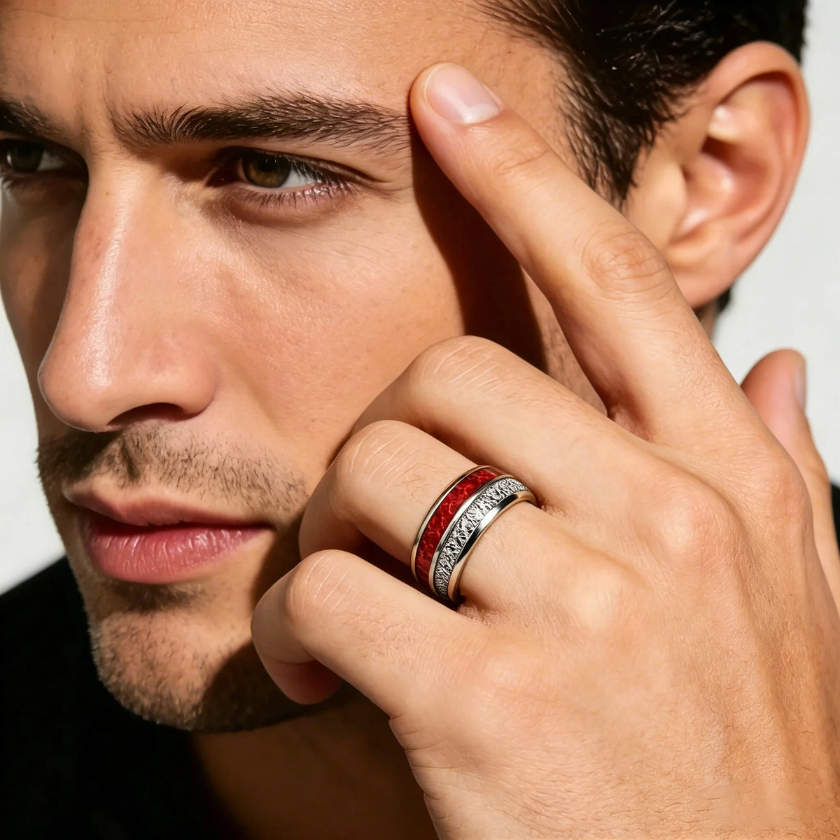 Luxury Red Opal & Meteorite Inlay Rings for Men Women, Fashion 8mm Silver Color Men Stainless Steel Rings, Wedding Band Jewelry