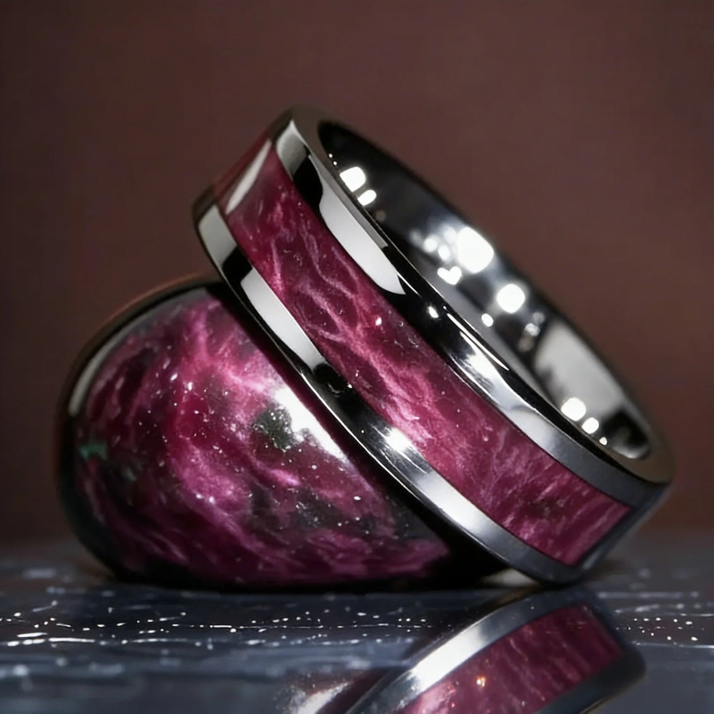 8mm Purple Red Wood Grain Stainless Steel Ring, Cool Promise Wedding Band for Men & Women, Comfort Fit, Wedding Band Jewelry