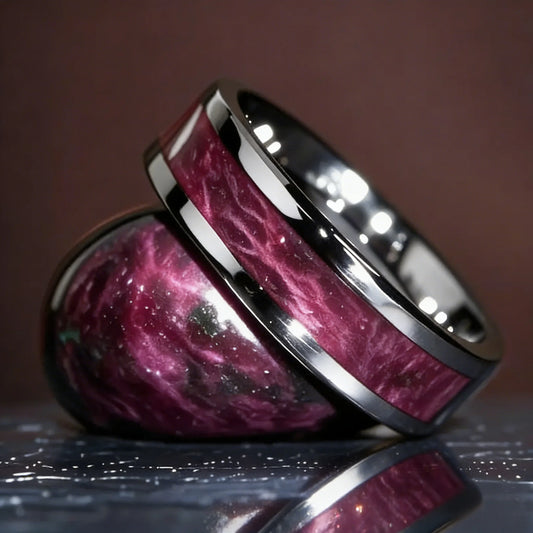 8mm Purple Red Wood Grain Stainless Steel Ring, Cool Promise Wedding Band for Men & Women, Comfort Fit, Wedding Band Jewelry