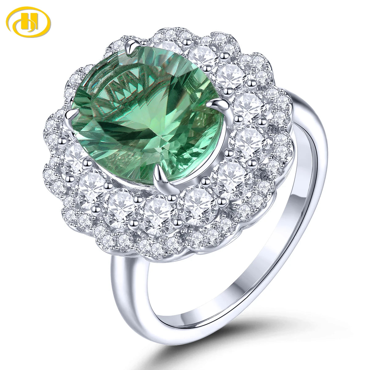 Natural Green Fluorite Solid Sterling Silver Ring 5 Carat Genuine Gemstone Exquisite Jewelry Style Women Engagement Wedding Ring