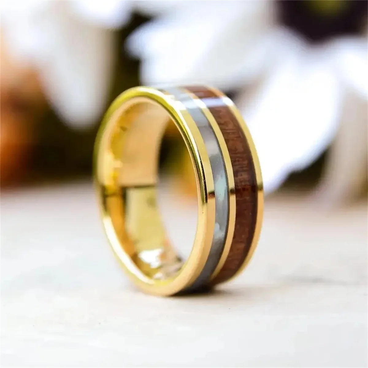 Fashion 8mm Men Gold Color Stainless Steel Abalone Shell Rings Inlay KOA Wood Rings For Men Wedding Engagement Jewelry Gifts