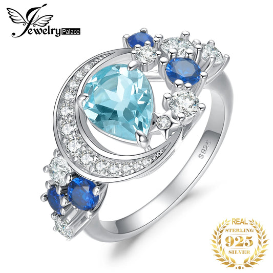 JewelryPalace New Arrival Moon Star 6.8ct Genuine Sky Blue Topaz Created Sapphire 925 Sterling Silver Statement Ring for Woman CHINA