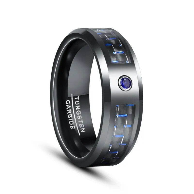 BONLAVIE Black Inlaid Blue Green Red Carbon Fiber Zircon Tungsten Carbide Wedding Rings For Men Beveled Edge Comfort Fit Jewelry HZ036R