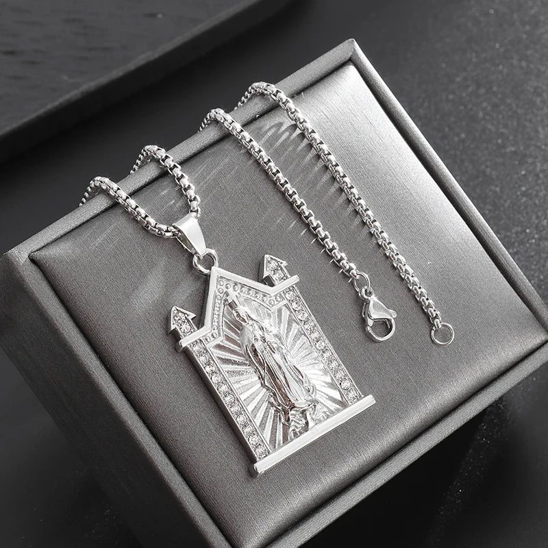 Classic Catholic Virgin Mary Square Pendant Necklace for Men Women Christian Religious Prayer Amulets Jewelry Gifts