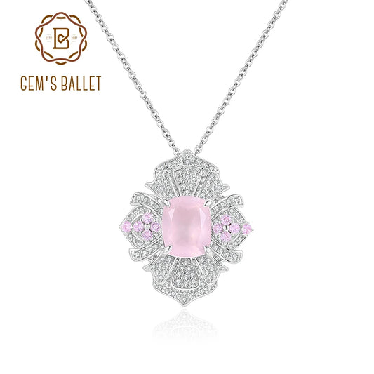 GEM'S BALLET Flower Necklace Natural Rose Quartz Statement Pendant Necklace in 925 Sterling Silver Luxury Bridal Jewelry