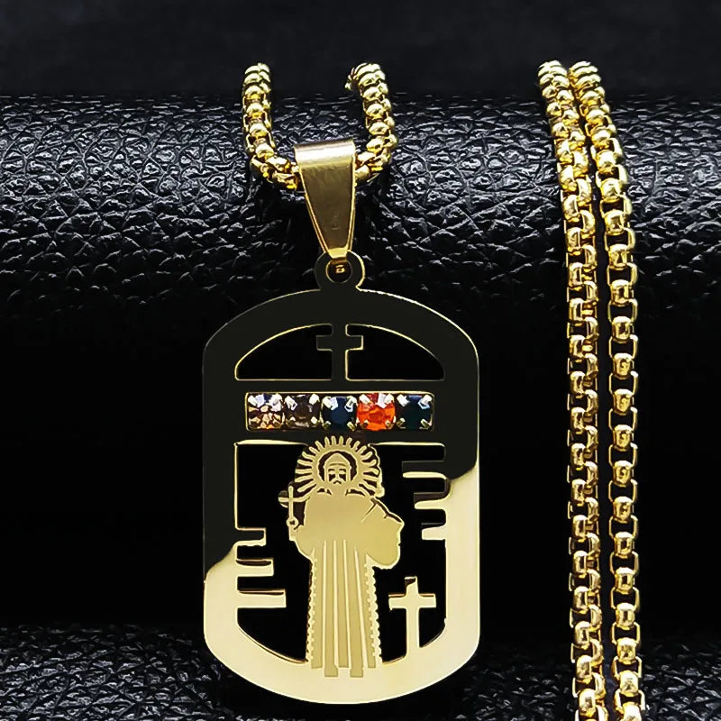 Catholic Jesus Cross Stainless Steel Necklace Saint Benedict Crystal Virgin Mary Pendant Crucifix Male Necklaces Jewelry Cruz
