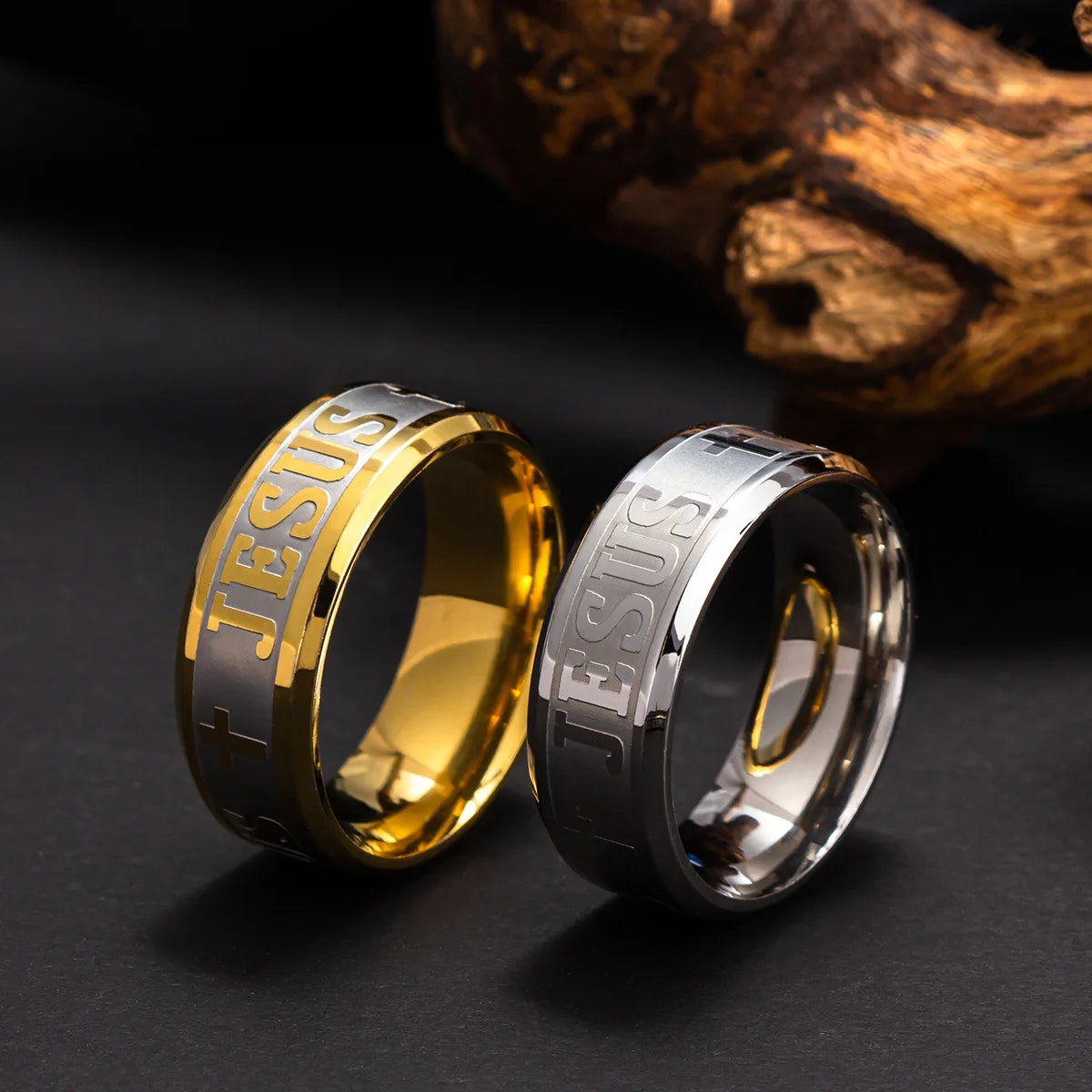 Stainless Steel Black Color Jesus Cross Letter Bible Prayer Finger Rings For Men 8mm Amulet Jewelry