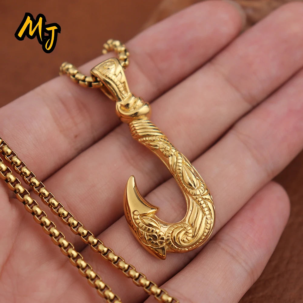 Classic Men's Fish Hook Pendant Stainless Steel Vintage Maui Magic Hook Necklace Fashion Punk Pirate Anchor Jewelry Accessories