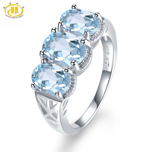 Hutang 3.5ct Natural Gemstone Women's Ring Blue Topaz Solid 925 Sterling Silver Rings Fine Elegant Jewelry for Presents Gift