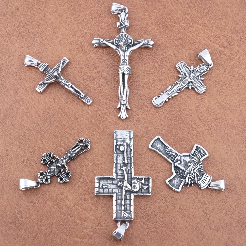Vintage Stainless Steel Jesus Cross Necklace Men's Classic Religious Believer INRI Cross Pendant Jewelry Creative Gift