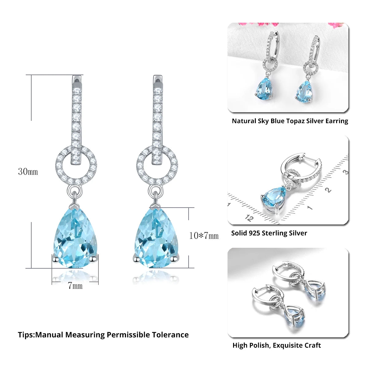 Natural Sky Blue Topaz Sterling Silver Drop Earrings 5.5 Carats Genuine Gemstone Women Classic Style S925 Fine Jewelry Birthday