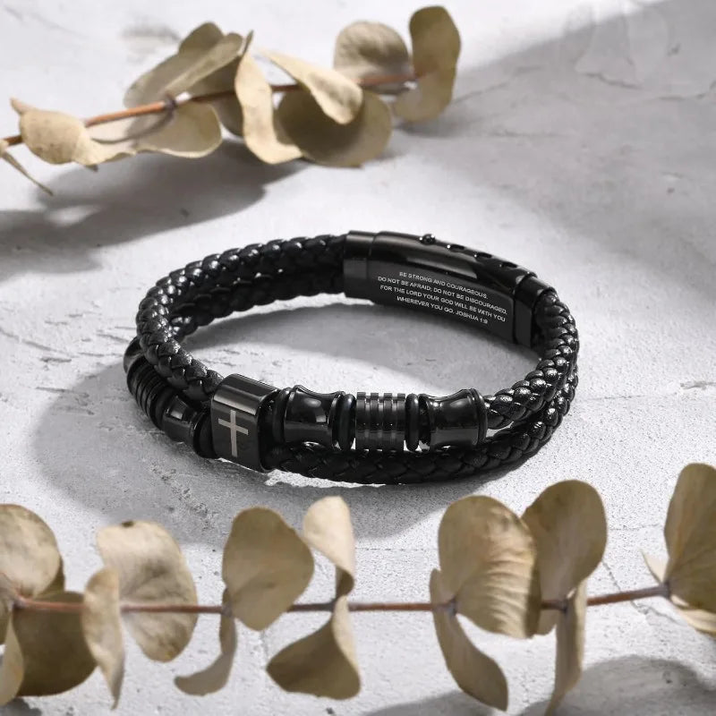 Christian Black Leather Bracelet for Men Double-Row Braided Leather Faith Cross Bracelets Jewelry Religious Baptism Easter Gifts