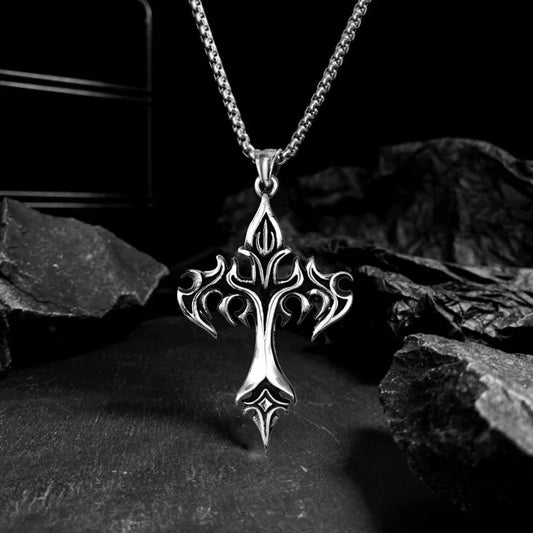 Hip Hop Flame Cross Pendant Necklace Stainless Steel Minimalist Jewelry For Men Retro Fashion Unisex Gift Couple Accessories