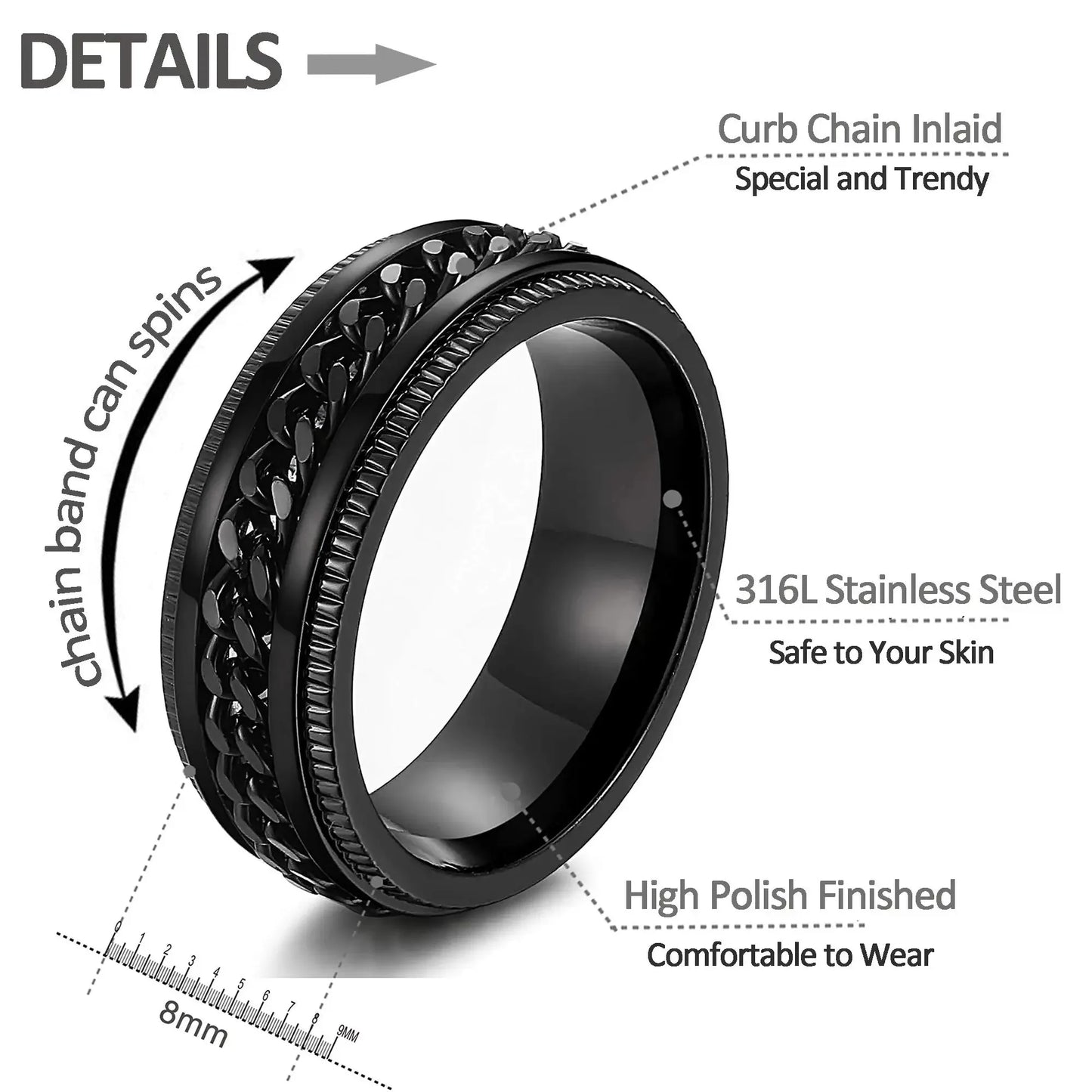 Fashion 8mm Intertwine Chain Spinner Ring for Men Women Cool Men Stainless Steel Fidget Rings Anxiety Ring Wedding Party Jewelry
