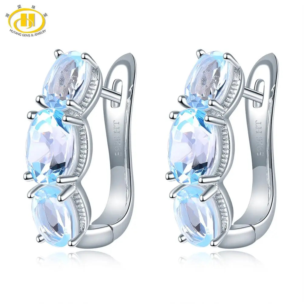 Hutang 925 Silver Hoop Earrings for Women, 1.48ct Blue Topaz Gemstone Earrings Classical Elegant Fine Sterling Silver Jewelry Default Title