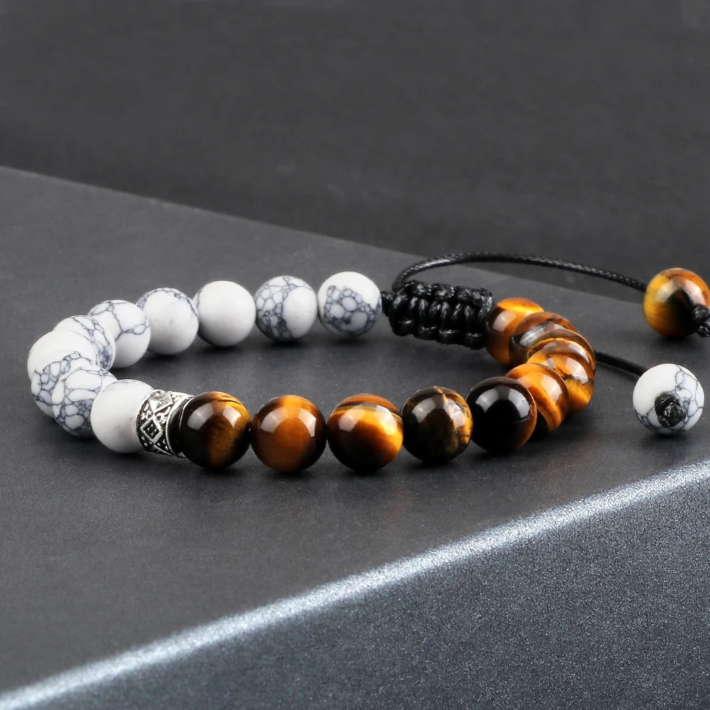 Fashion Black White Beaded Bracelets For Men 8mm Natural White Howlite Stone Beads Bracelet Women Meditation Prayer Jewelry Gift