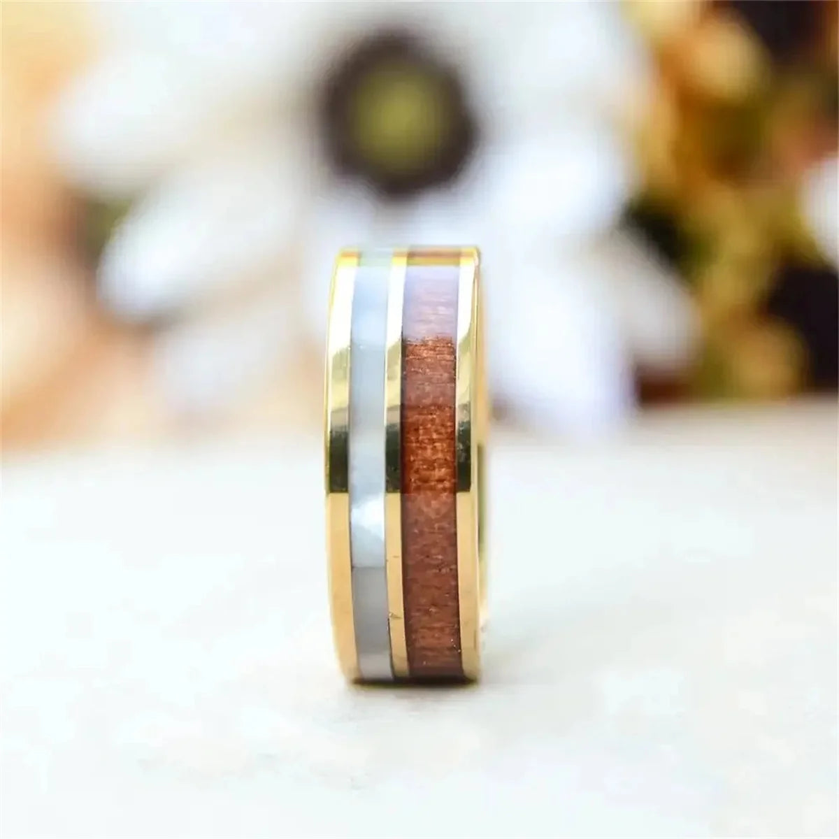 Fashion 8mm Men Gold Color Stainless Steel Abalone Shell Rings Inlay KOA Wood Rings For Men Wedding Engagement Jewelry Gifts